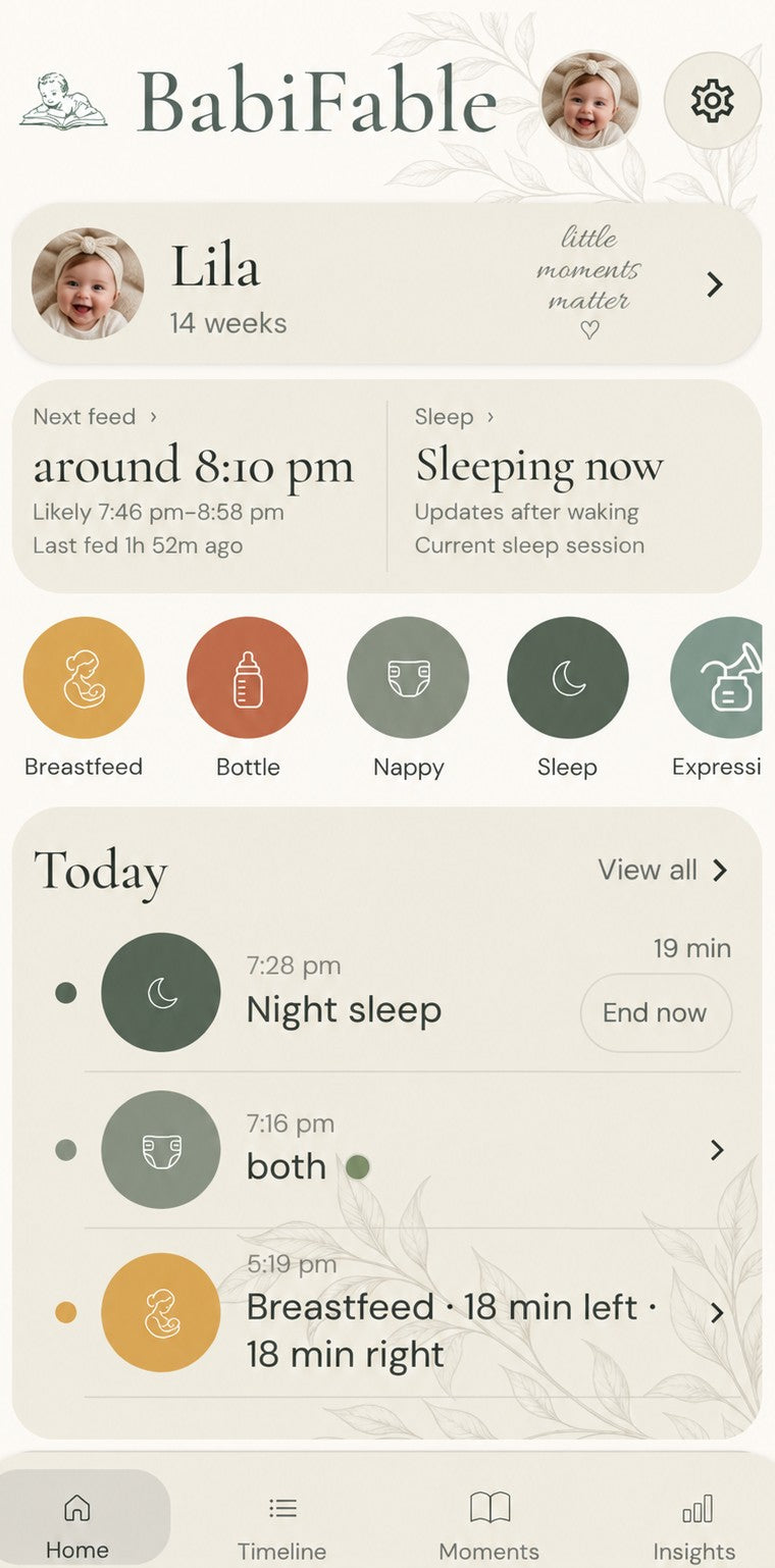 The BabiFable app home screen for Lila, 14 weeks: next feed around 8:10 pm, sleeping now, quick buttons for Breastfeed, Bottle, Nappy, Sleep and Expressing, and today's timeline