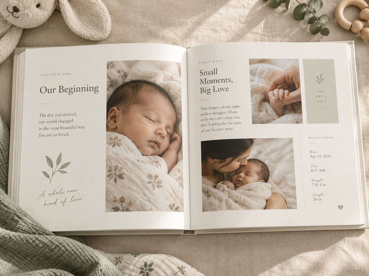 An open BabiFable baby book showing a chapter called Our Beginning, newborn photos and a milestones panel