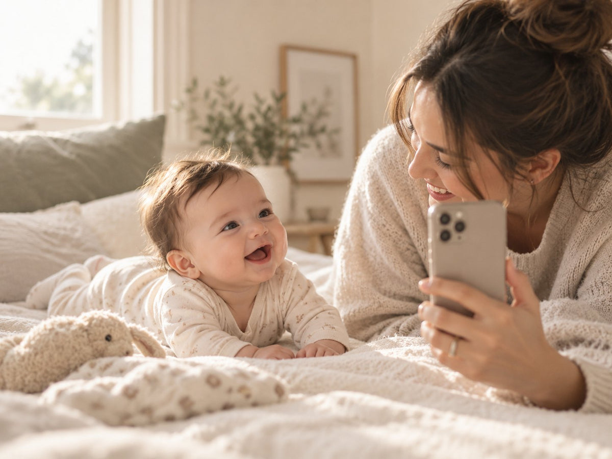 A smiling baby on a bed while their mum, lying beside them, takes a photo on her phone